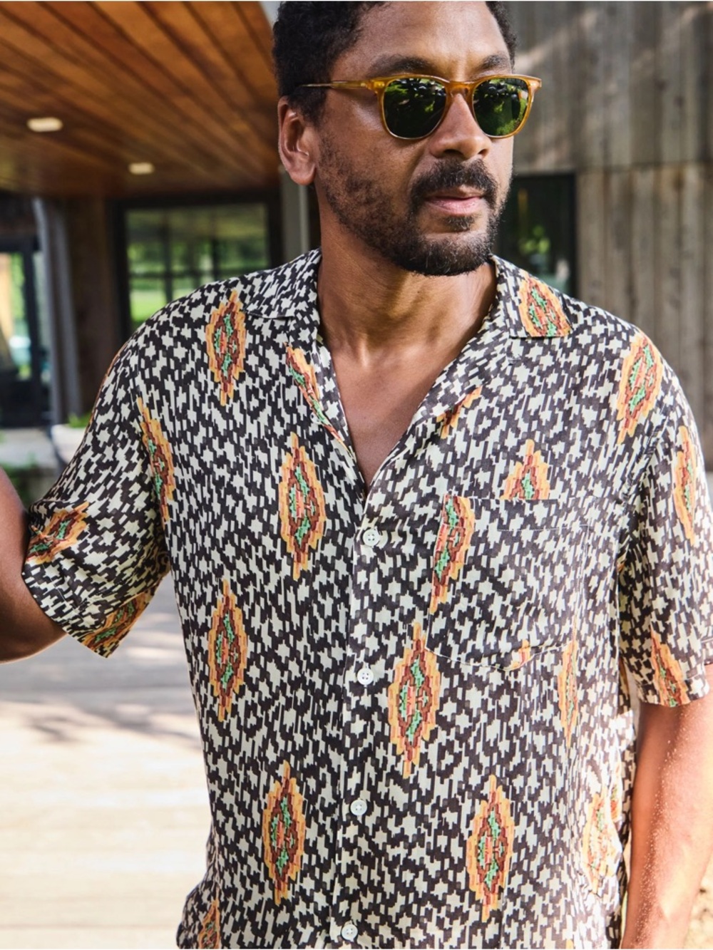 Portuguese Flannel Origem Camp Shirt Brown Ikat Button Down Short Sleeve Small